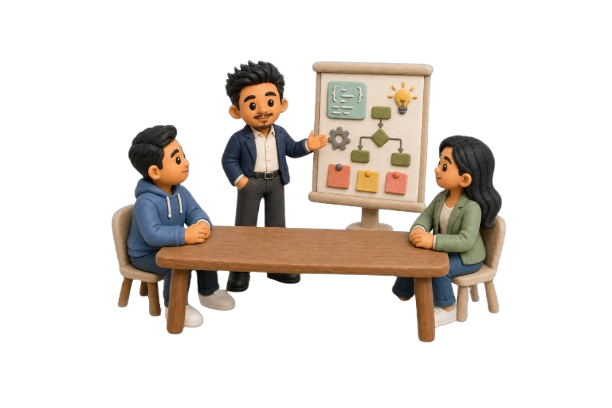 3D clay characters presenting in a formal office setting